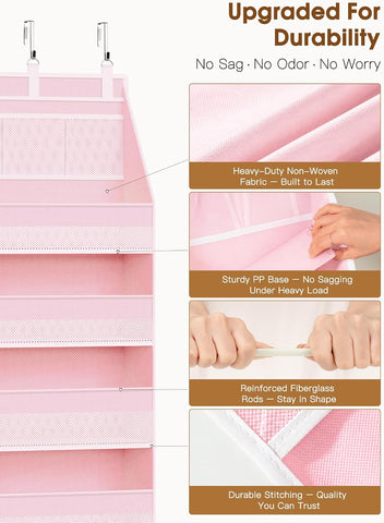 Criusia Over the Door Organizer, 6-Shelf Closet Hanging Storage with 13 Mesh Pockets, 55lbs Capacity Behind the Door Storage for Baby Nursery, Bathroom, Bedroom, and Dorm, Pink