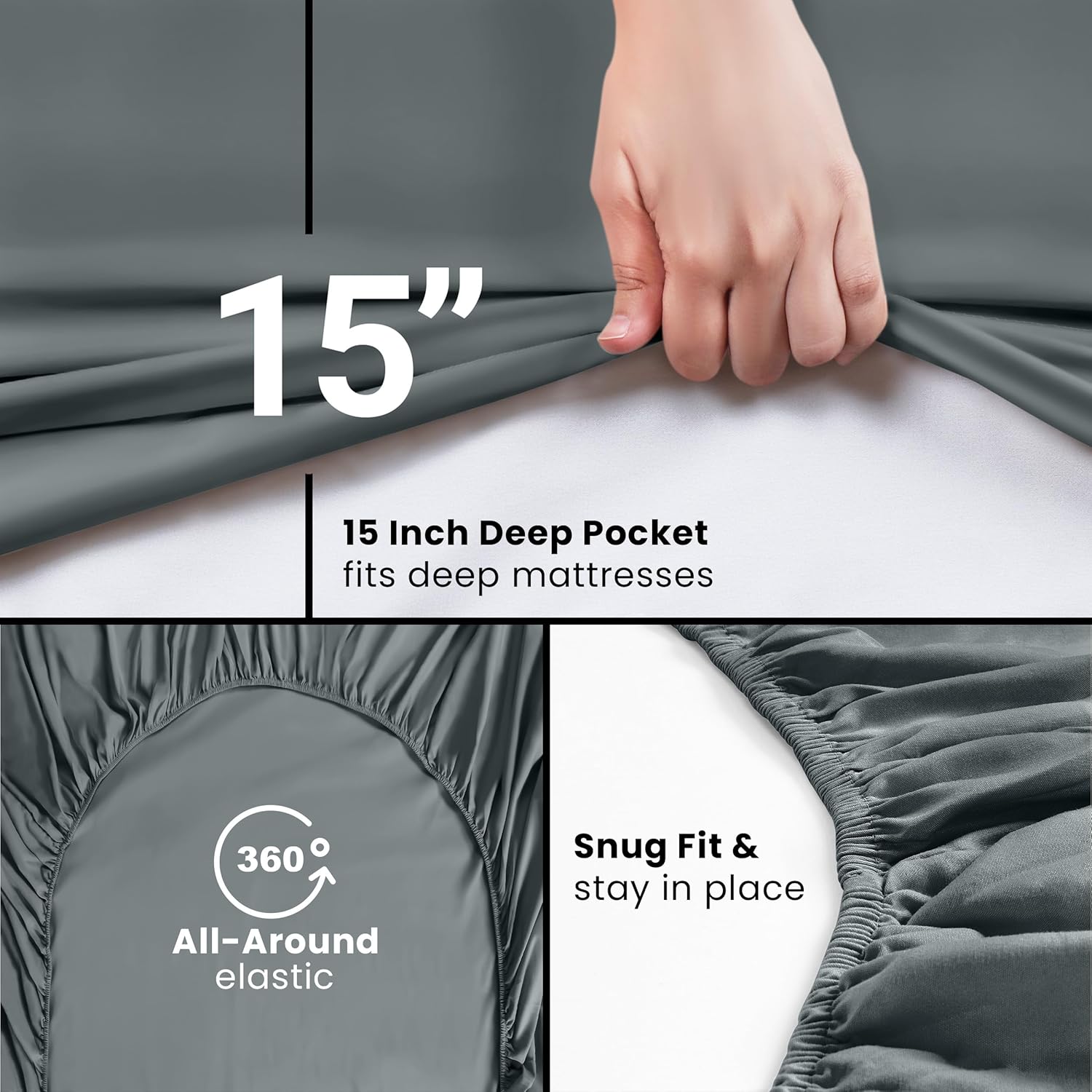 Queen Fitted Sheet, Ultra Soft Fits Up to 15 Inch Deep Pocket, Grey