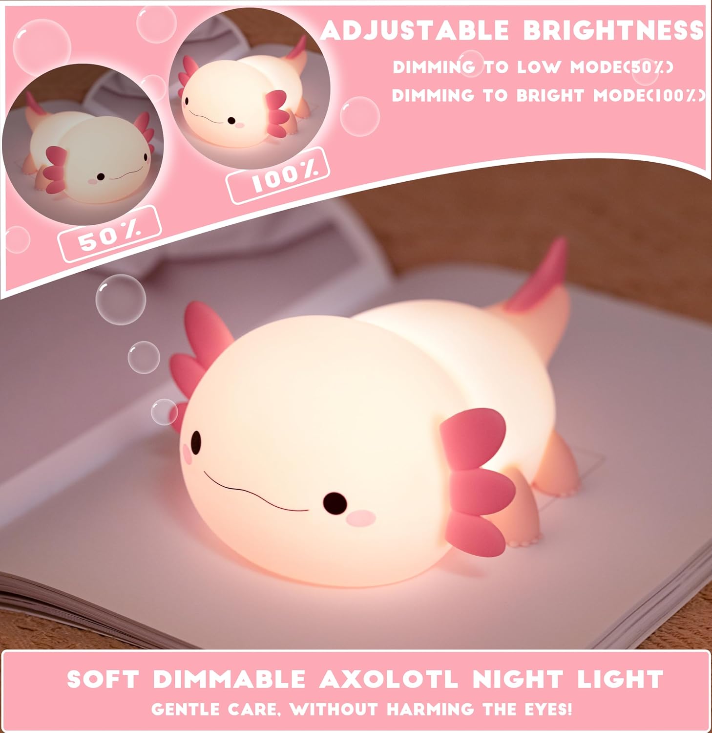 HAPPYBAG Axolotl Squishy Silicone Night Light, 2 Dimmable Warm Brightness