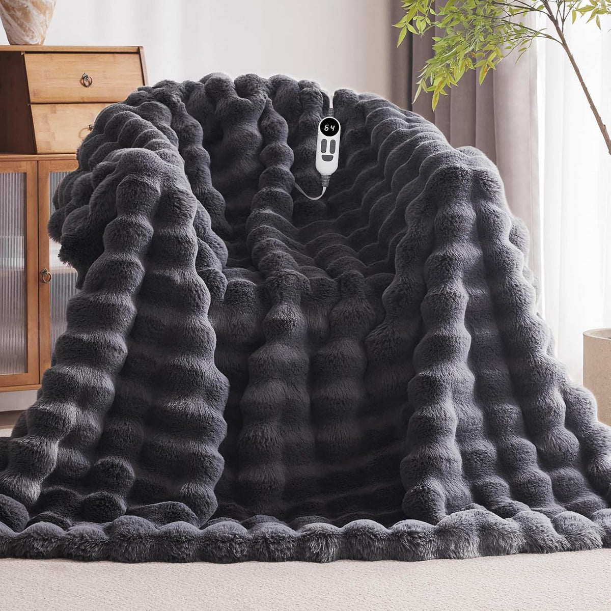 Anysay Heated Blanket Throw with 1/2/3/4 Hours Auto-Off 6 Heat Levels, 50" * 60" Cozy Faux Rabbit Fur Bubble Electric Blanket with Overheat Protection(Dark Grey)