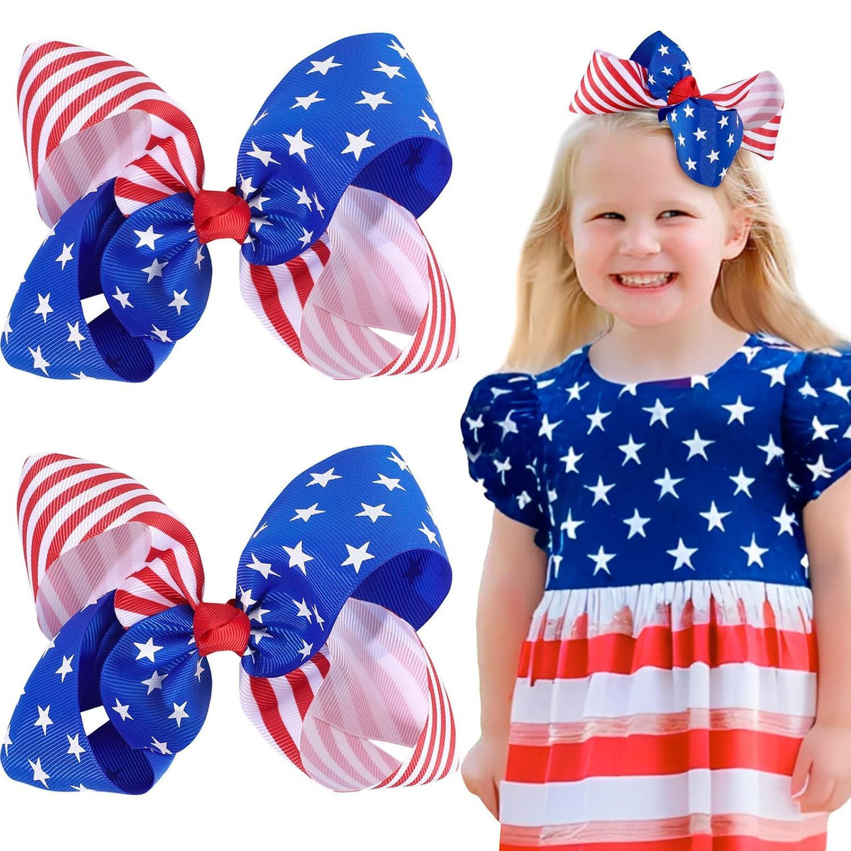 Oaoleer 2PCS 4th of July Hair Bows for Girls, Red White Blue Bows