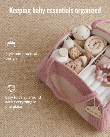 Blissful Diary Diaper Caddy Organizer, Woven Cotton Rope, Blush Rainbow