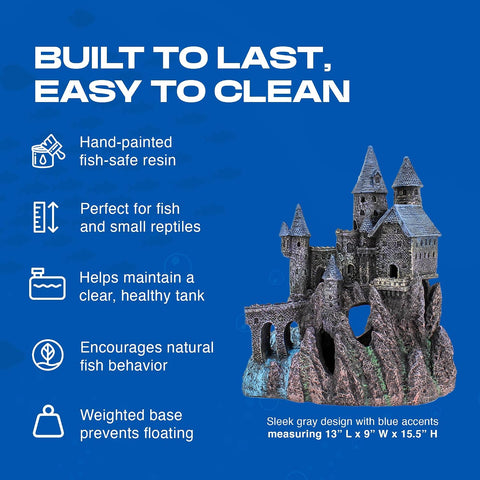 Penn-Plax Deco-Replicas Age-of-Magic Wizard’s Castle Part B Aquarium Decoration - Durable Hand-Painted Resin with Swim Holes & Hideouts - Safe for Freshwater & Saltwater Tanks - Gray, 13 x 9 x 15.5 In