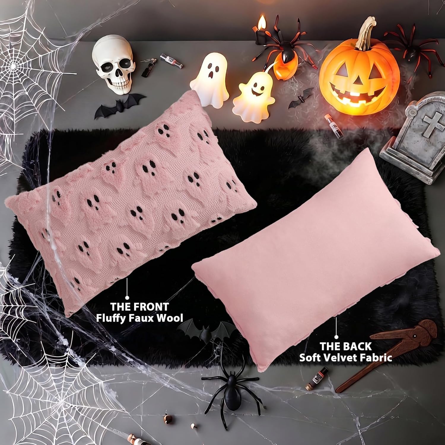 decorUhome Fall Halloween Ghost Throw Pillow Covers 12x20 Set of 2 Pink