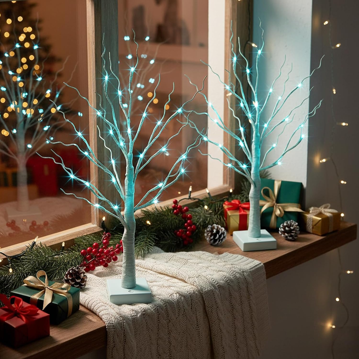 PEIDUO Blue-Green Trees Decor for Home, 2PK Tree Light Battery Powered Timer, Lighted Christmas Decorations Indoor, for Home Bedroom Living Room Fireplace Wedding Party New Year's Day and Christmas