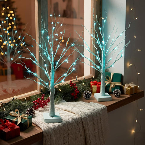 PEIDUO Blue-Green Trees Decor for Home, 2PK Tree Light Battery Powered Timer, Lighted Christmas Decorations Indoor, for Home Bedroom Living Room Fireplace Wedding Party New Year's Day and Christmas