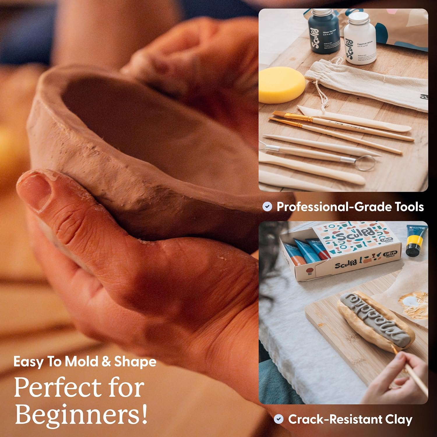 Sculpd Pottery Kit for Adults, Air Dry Clay with Tools, Earth Tones