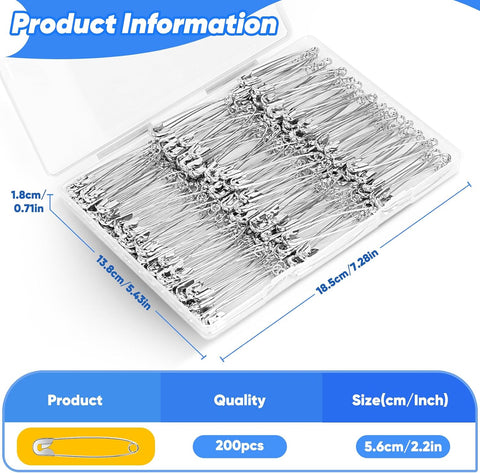 Huhuhero 200PCS Large Safety Pins, 2.2 Inches Heavy Duty for Clothes Sewing
