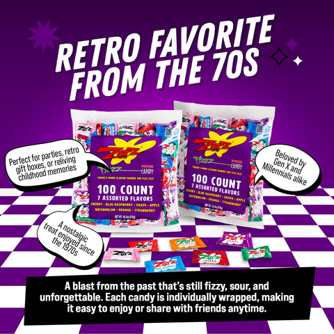ZOTZ Fizzy Sour Candy Bulk - Retro Italian Hard Candy Individually Wrapped - Classic Nostalgic 7 Assorted Flavors Cherry, Watermelon, Blue Raspberry, Apple, Orange & Grape - 200 Pieces Bag for Party Favors, Goodie Bags, Piñata & Candy Buffet