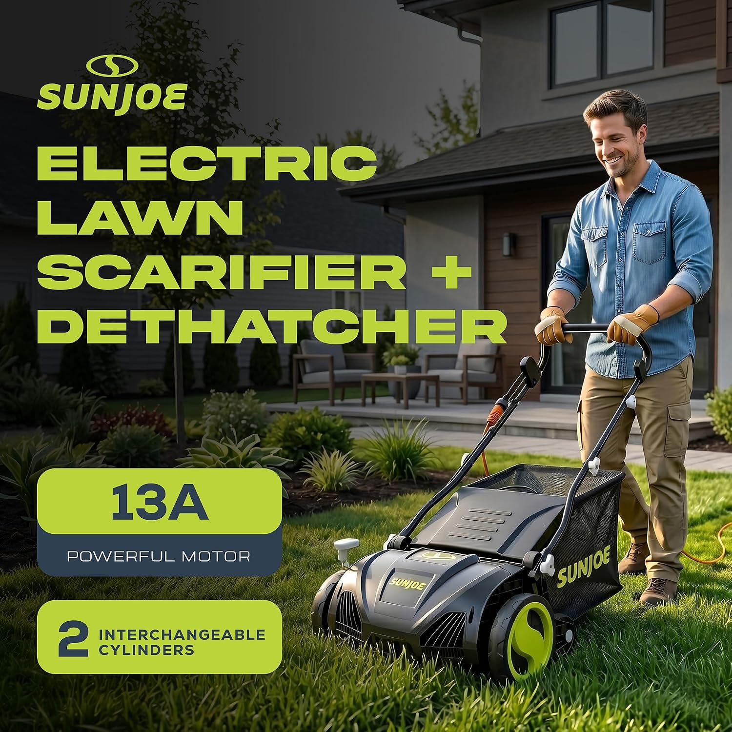 Sun Joe 15-Inch Lawn Dethatcher with Scarifier Blade Reel, AJ805E