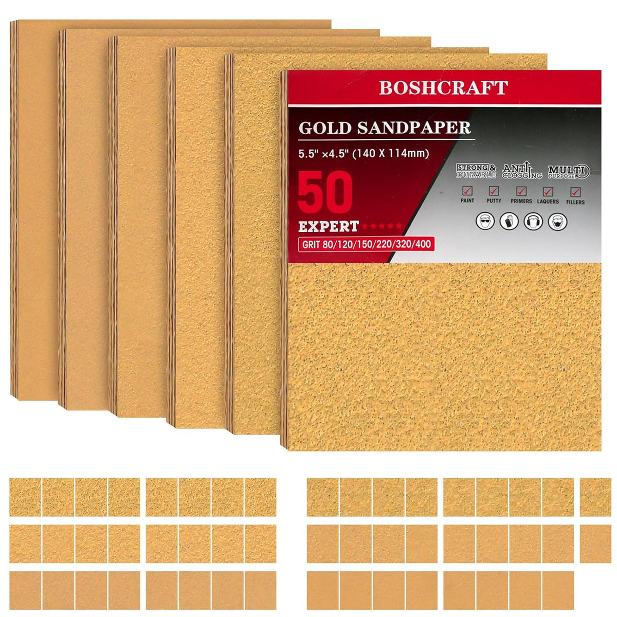 BOSHCRAFT 50 Pcs 1/4 Sheet Sand Paper 5.5" x 4.5" – 80/150/320/400 Grit 8 Sheets Each, 120/220 Grit 9 Sheets Each, Premium Aluminum Oxide Sandpaper Assortment for Wood Metal Automotive Palm Sanders