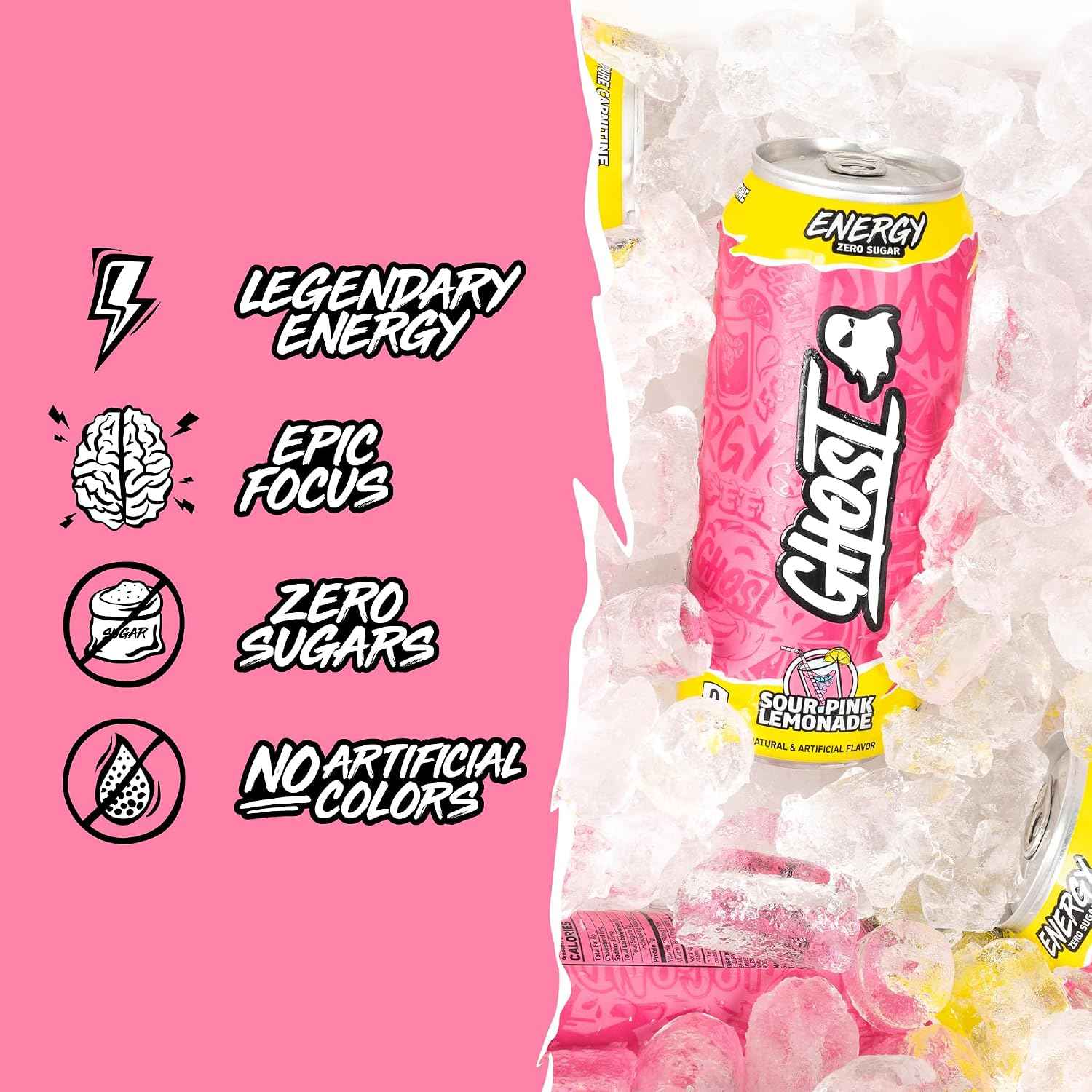 GHOST Energy Drinks, Zero Sugar, 12-Pack, Sour Pink Lemonade, 16oz | Energy & Focus Pre Workout Drink, No Artificial Colors, Gluten-Free, Vegan - 200MG Natural Caffeine, L-Carnitine, Taurine