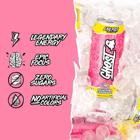 GHOST Energy Drinks, Zero Sugar, 12-Pack, Sour Pink Lemonade, 16oz | Energy & Focus Pre Workout Drink, No Artificial Colors, Gluten-Free, Vegan - 200MG Natural Caffeine, L-Carnitine, Taurine