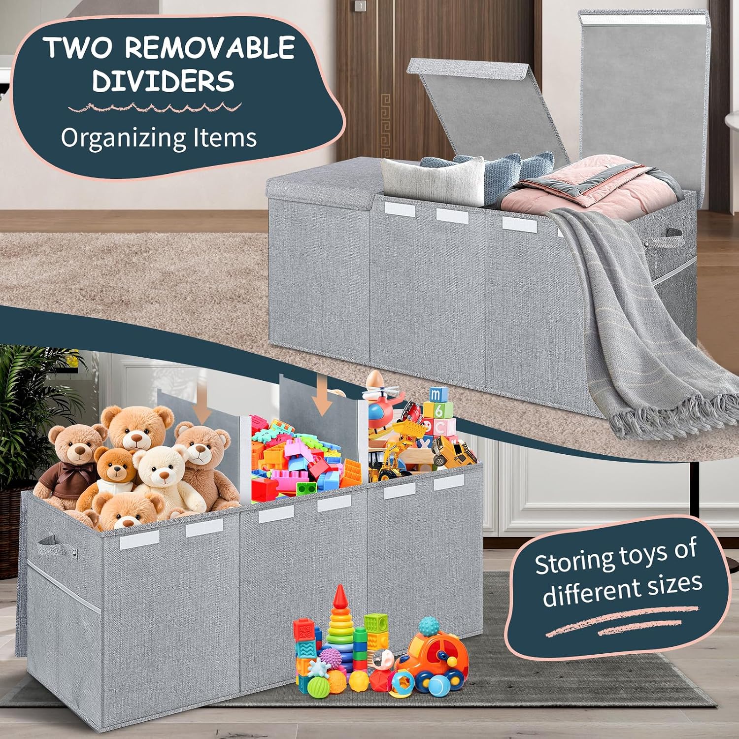 Extra Large Toy Box with Lids, Collapsible Storage Bin, 38"x16"x14",Gray