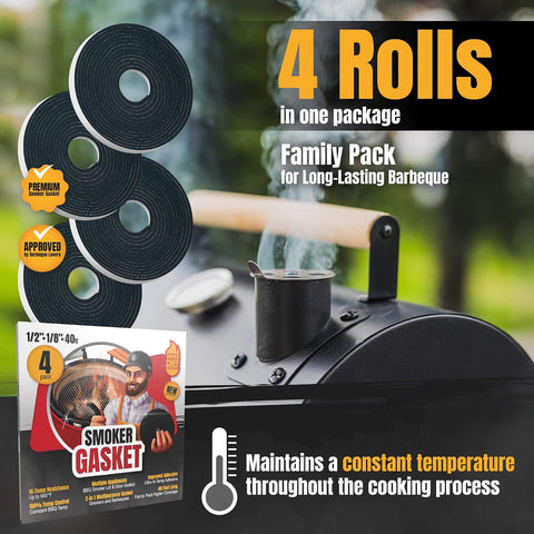 XXL 40 FT Grill Gasket for Smokers - Black 1/2’’ x 1/8’’ Hi Temp Seal Smoker Gasket – 4-Pack x 10 FT Self Stick Black Nomex Fire Tape BBQ Lid – Bbq Grill Smoker Accessories Gifts for Men