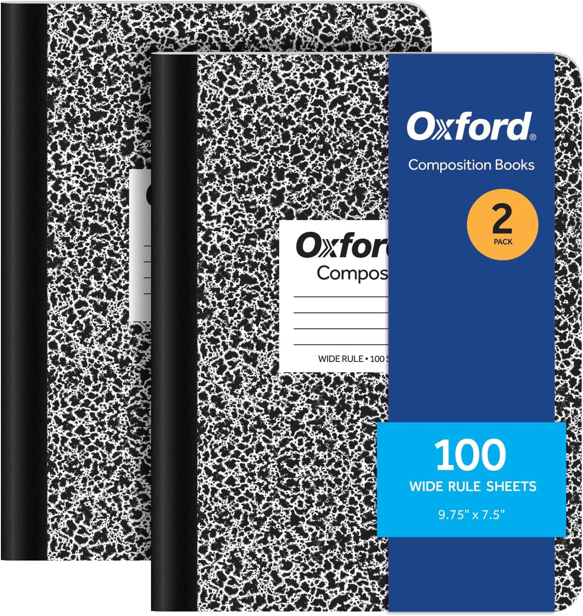 Oxford Composition Notebooks, 9-3/4 x 7-1/2 Inch School Journals, Wide Ruled Paper, Black Marble Covers, 100 Sheets per Book, 2 Pack (1002516)