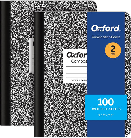 Oxford Composition Notebooks, 9-3/4 x 7-1/2 Inch School Journals, Wide Ruled Paper, Black Marble Covers, 100 Sheets per Book, 2 Pack (1002516)