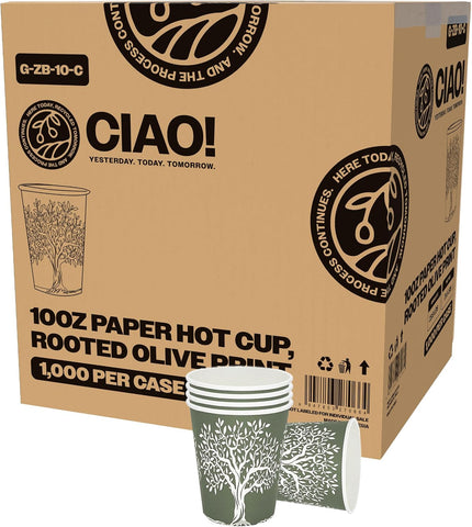 CIAO! 10oz Paper Hot Cup, Rooted Olive Print, (Case of 1,000)