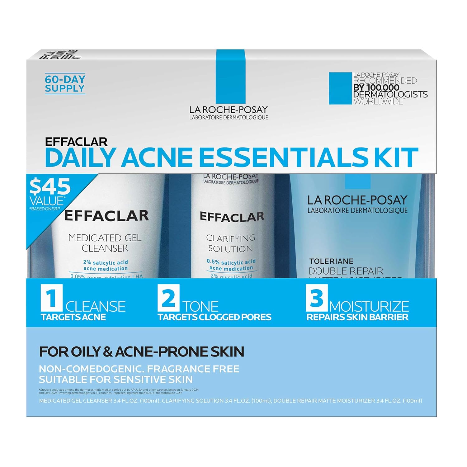 La Roche-Posay Effaclar Daily Acne Kit with Cleanser, Toner & Moisturizer