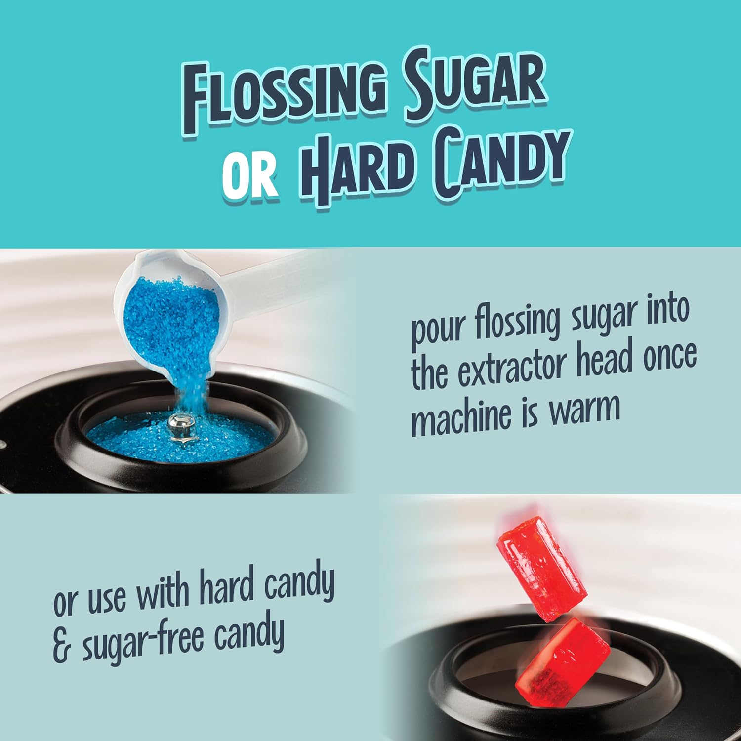Nostalgia Countertop Cotton Candy Machine – Use Normal or Sugar-Free Candy or Flossing Sugar – Includes 2 Reusable Cones and Measuring Scoop – Aqua