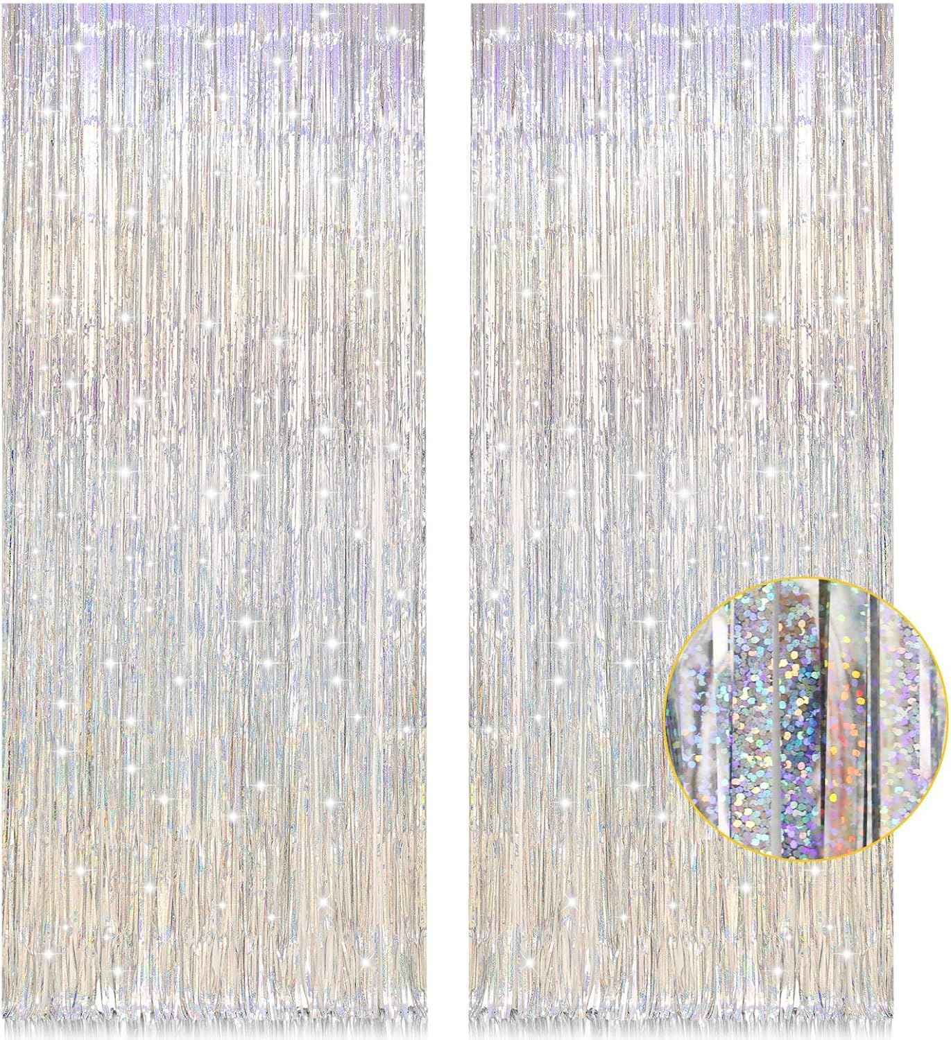 PIGETALE Glitter Silver Backdrop, 2 Pack 3.2 x 8.2 ft Fringe Curtains