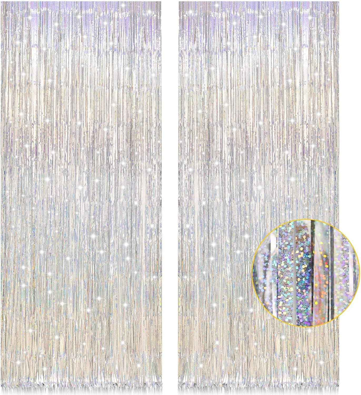 PIGETALE Glitter Silver Backdrop, 2 Pack 3.2 x 8.2 ft Fringe Curtains