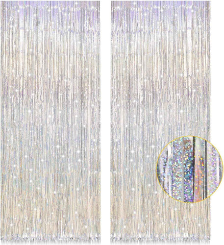 PIGETALE Glitter Silver Backdrop, 2 Pack 3.2 x 8.2 ft Fringe Curtains