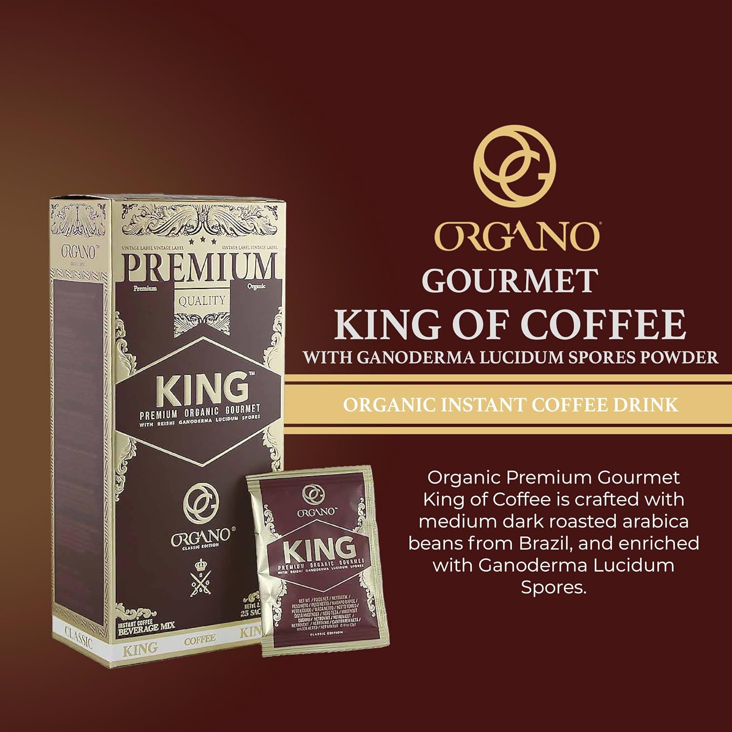 ORGANO King of Coffee, 100% Certified Ganoderma Lucidum (25 Sachets)