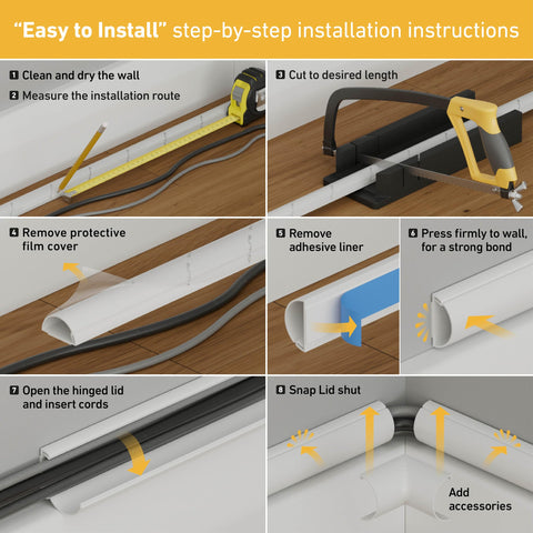 D-Line 157in Cord Cover Kit, Self-Adhesive Wire Hiders, Paintable Cable Raceway to Hide Wires on Wall, Electrical Cable Management - 10x 15.7 Lengths & 19 Accessories - 1.18" (W) x 0.59" (H) - White