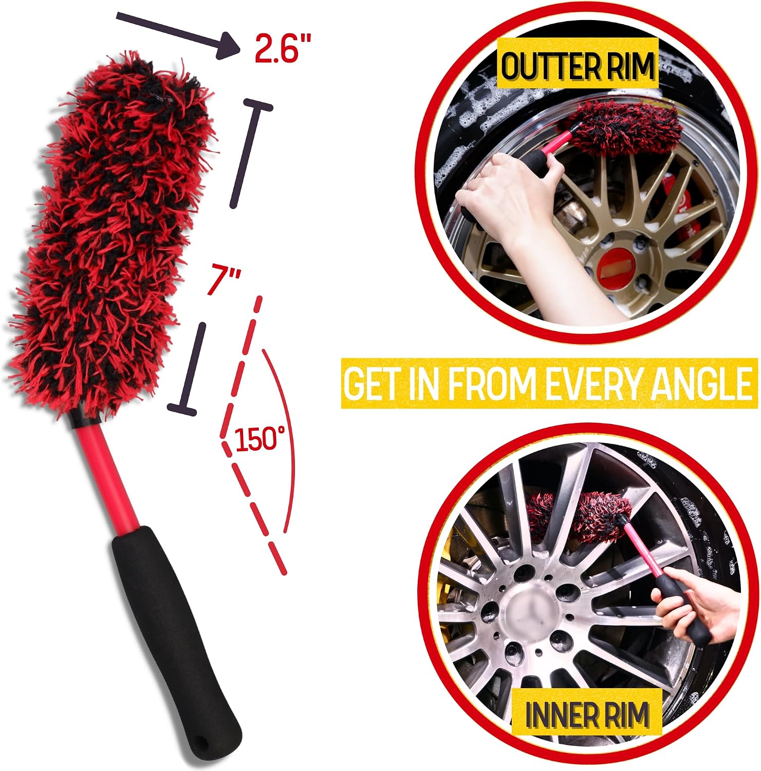 oesee Professional 4 Pack Long Handle Wheel Brush Kit for Cleaning Wheel and Tire- 2X Soft Wheel Cleaning Brush, Detailing Brush and Stiff Tire Brush, Bendable& Durable Wheel Rim Cleaner Brush Set