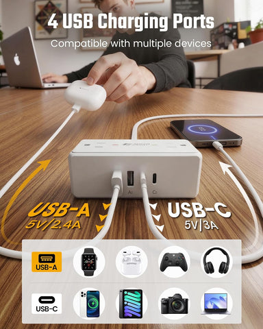 15Ft Long Extension Cord, SUPERDANNY Flat Plug Surge Protector Power Strip