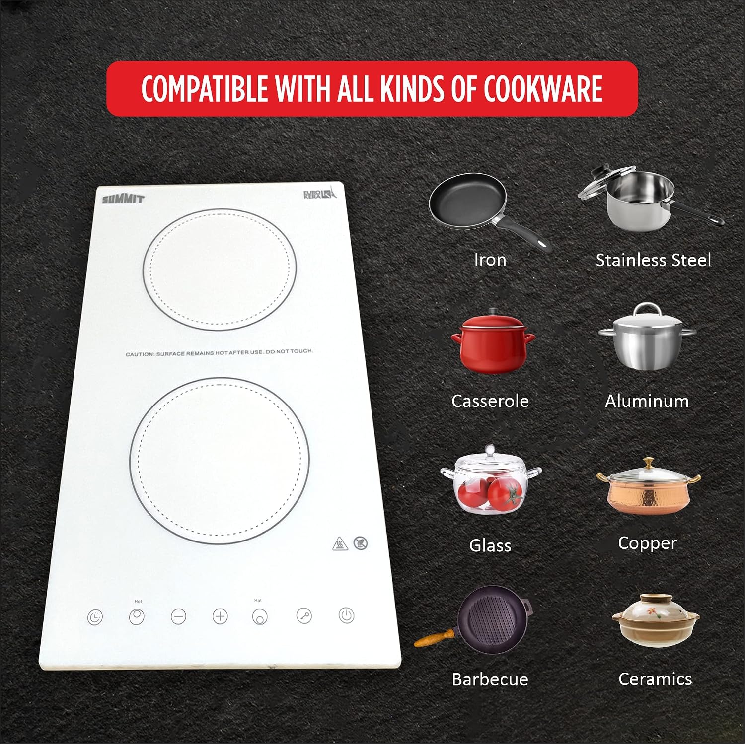 Summit Appliance CR2B15T2WTK15 115V 2-Burner Radiant Cooktop in White Ceramic Glass Surface with Digital Touch Controls & Stainless Steel Frame to Allow Installation in 15" Wide Counter Cutouts