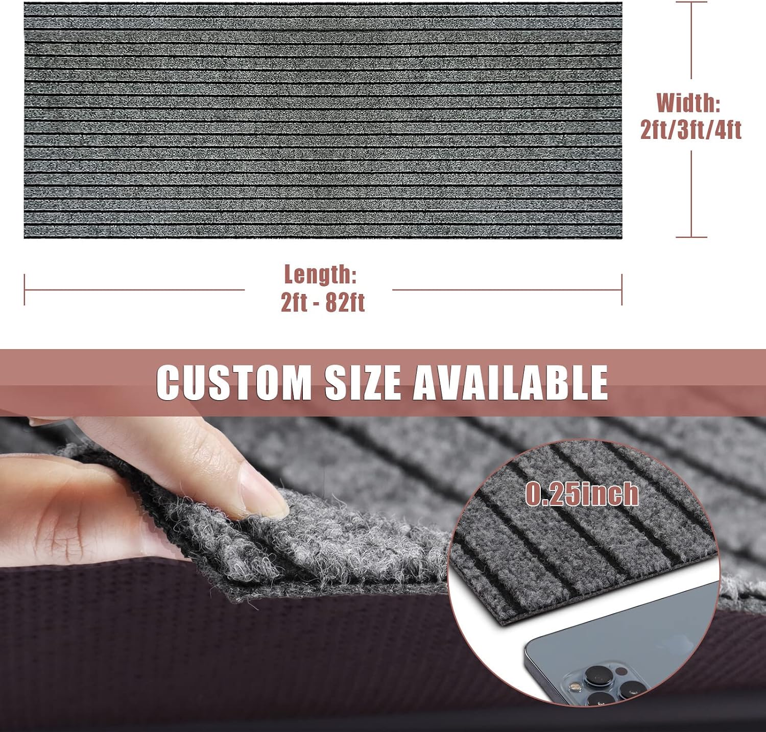 Runner Rug 2 ft x 7 ft Indoor/Outdoor Low Profile, Hallway, Kitchen, Patio, Deck Area, RV, Entryway, Garage, with Non-Slip Rubber Backing, Gray with Black Stripe, Custom