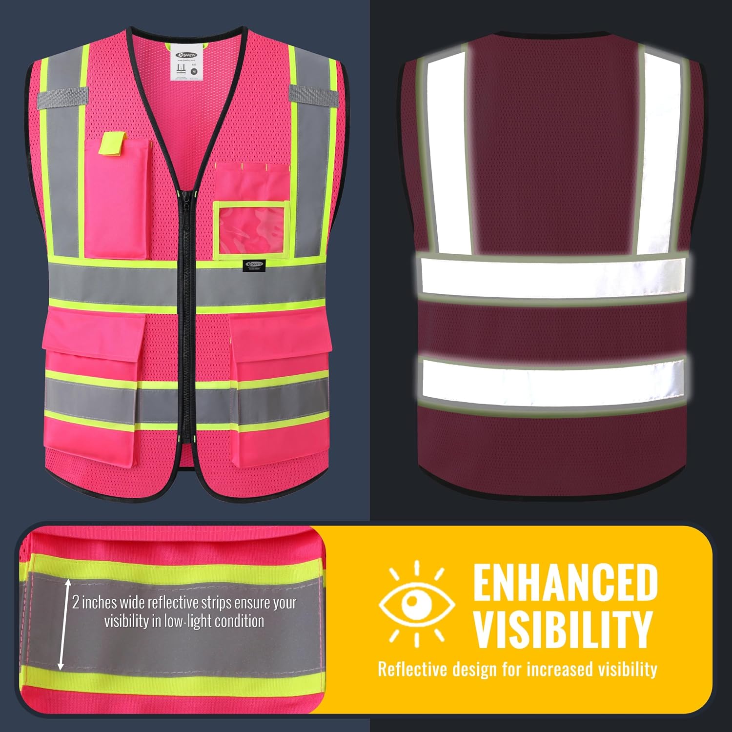 JKSafety Safety Vest for men women Reflective Vest with Pockets and Zipper High Visibility Vests BX340