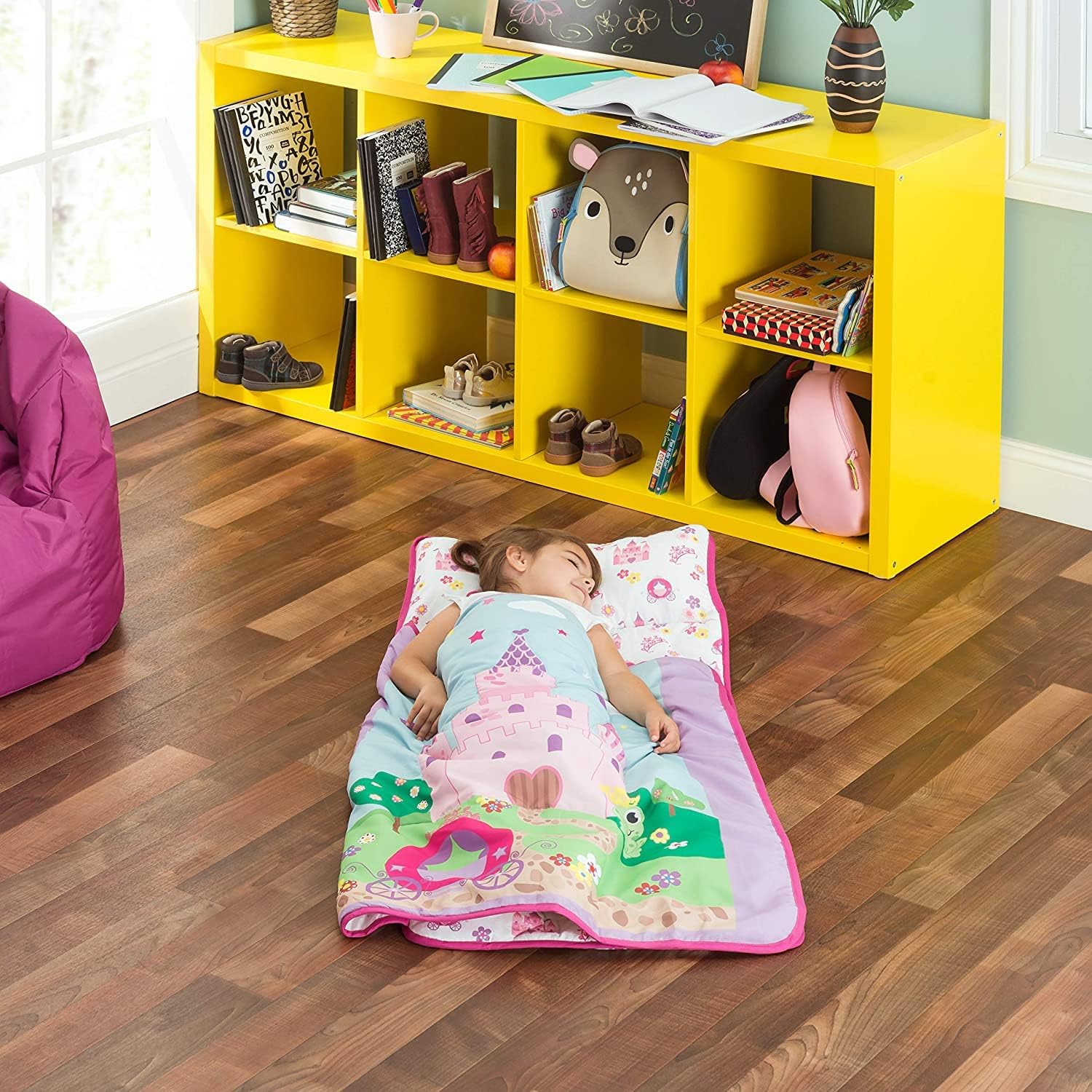 EVERYDAY KIDS Toddler Nap Mat with Removable Pillow -Princess Storyland- Carry Handle with Fastening Straps Closure, Rollup Design, Soft Microfiber for Preschool, Daycare, Sleeping Bag -Ages 2-6 years