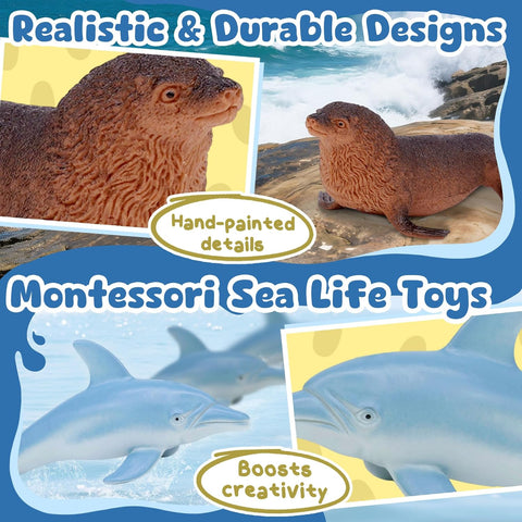Ocean Sea Life Toy Figures Set for Kids, 12 PCS Realistic Marine Animals with Shark, Dolphin, Sea Turtle, Penguin, Seal, Clownfish, Crab, Ocean Animal Figure Toys for Boys Girls Toddlers