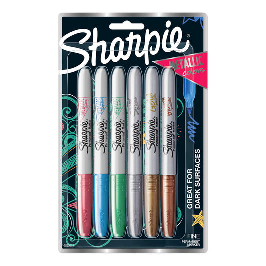 Sharpie Metallics Permanent Markers, Fine Tip, Assorted Colors, 6 Pack