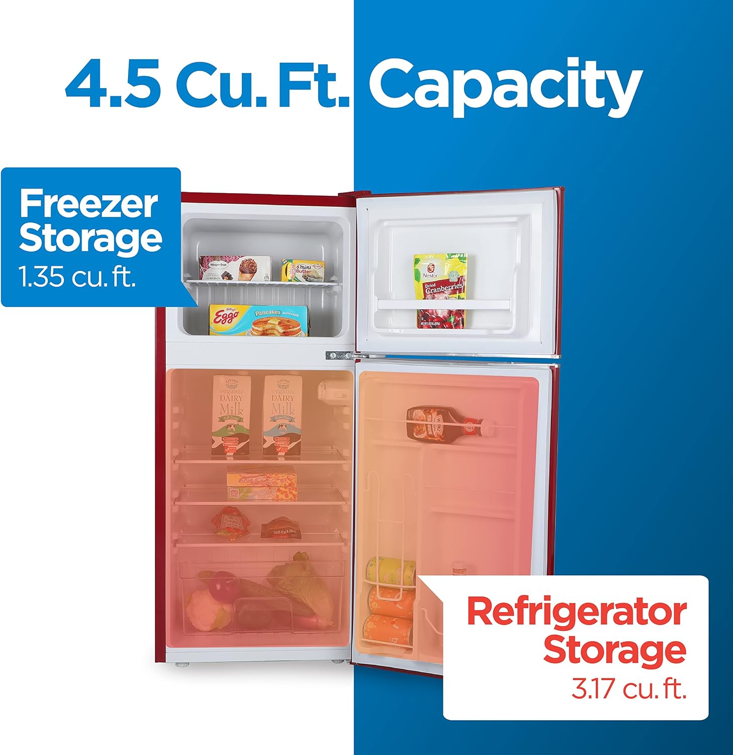 Commercial Cool 4.5 Cu. Ft. Refrigerator with Freezer, Vintage Style, Retro Fridge with 2 Slide-Out Glass Shelves, 6-Can Dispenser, Interior Light, R600a Refrigerant, CCRRD45HR, Red