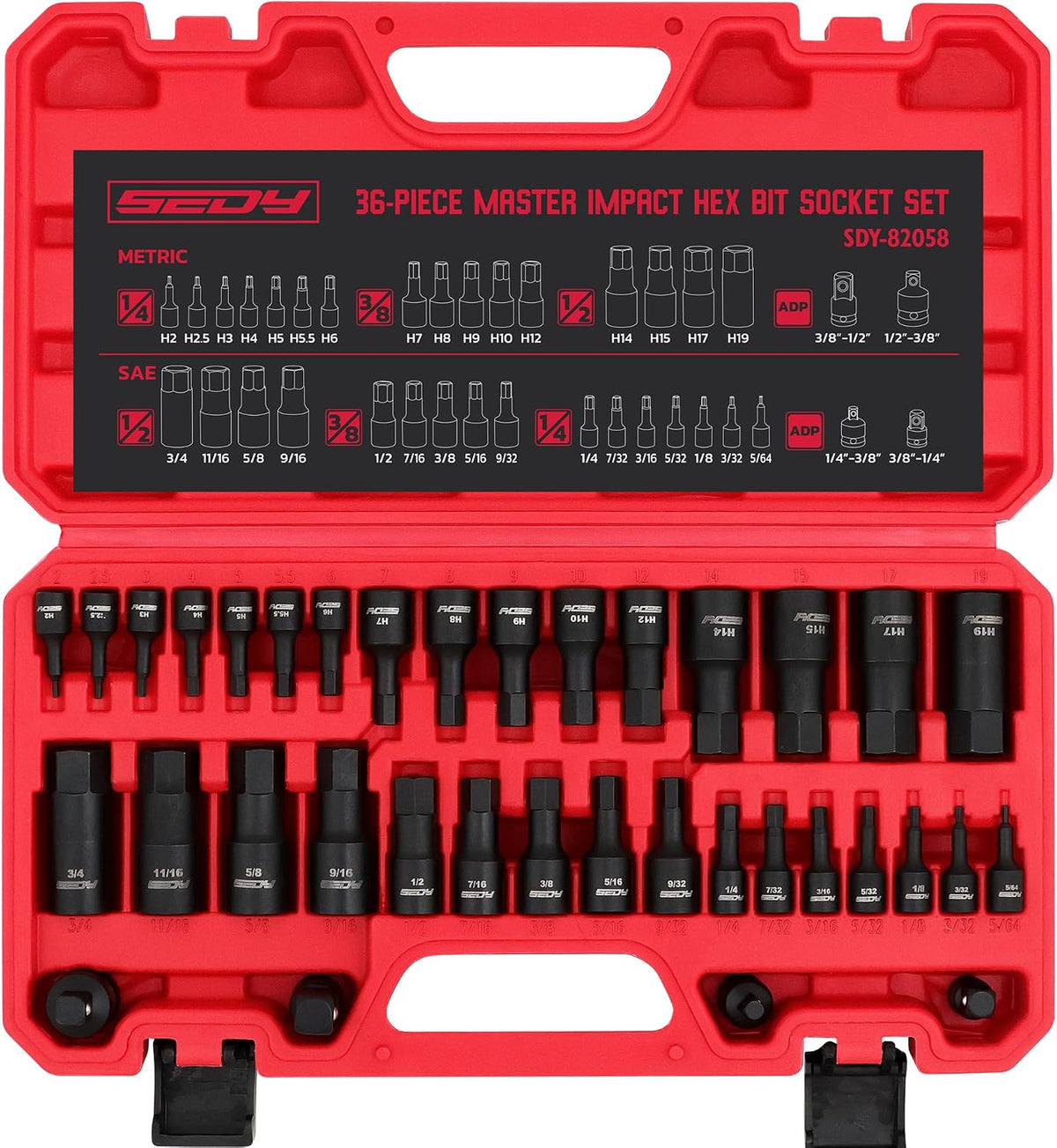 Hex Bit Impact Socket Set: 36-Piece with 4 Adapters, 1/4" 3/8" 1/2" Drive Master Allen Impact Socket Set, SAE and Metric, H5-H19 & 3/4"-5/64", Heavy Duty Storage Case, Automotive Mechanic