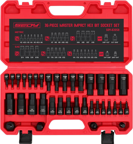 Hex Bit Impact Socket Set: 36-Piece with 4 Adapters, 1/4" 3/8" 1/2" Drive Master Allen Impact Socket Set, SAE and Metric, H5-H19 & 3/4"-5/64", Heavy Duty Storage Case, Automotive Mechanic