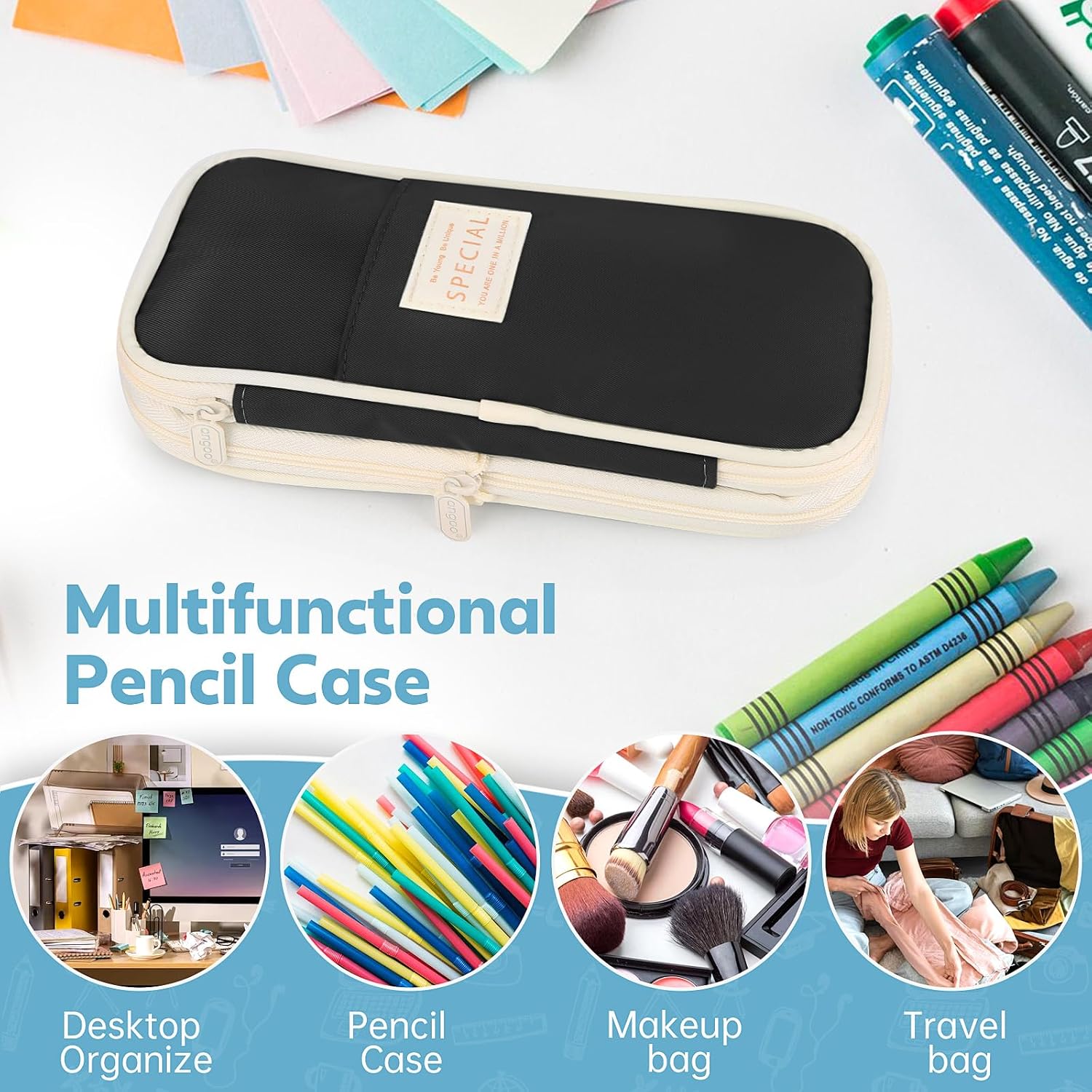 PUPTILY Pencil Case, Large Capacity Aesthetic Pencil Cases with Durable Zipper, Big Stationery Pencil Pouch for Women & Men, Adults Portable Storage Organizer Bag for College, office, Travel (Black)