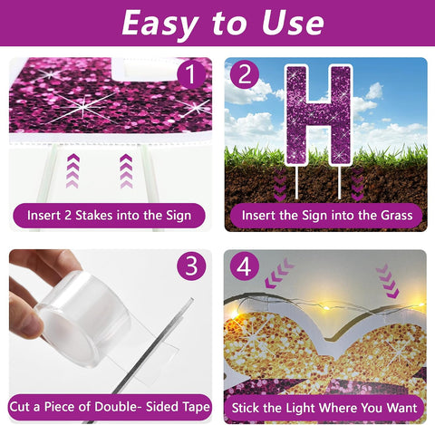18 Pcs Happy Birthday Yard Sign with Stakes, Purple Happy Birthday Yard Sign with 49.2 Ft LED Light, 16 In Large Personalized Happy Birthday Sign, Waterproof Lawn Garden Birthday Party Decorations