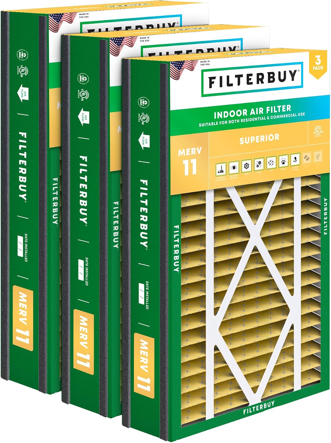 Filterbuy 16x25x3 Air Filter MERV 11 Pet & Allergy Defense (3-Pack)