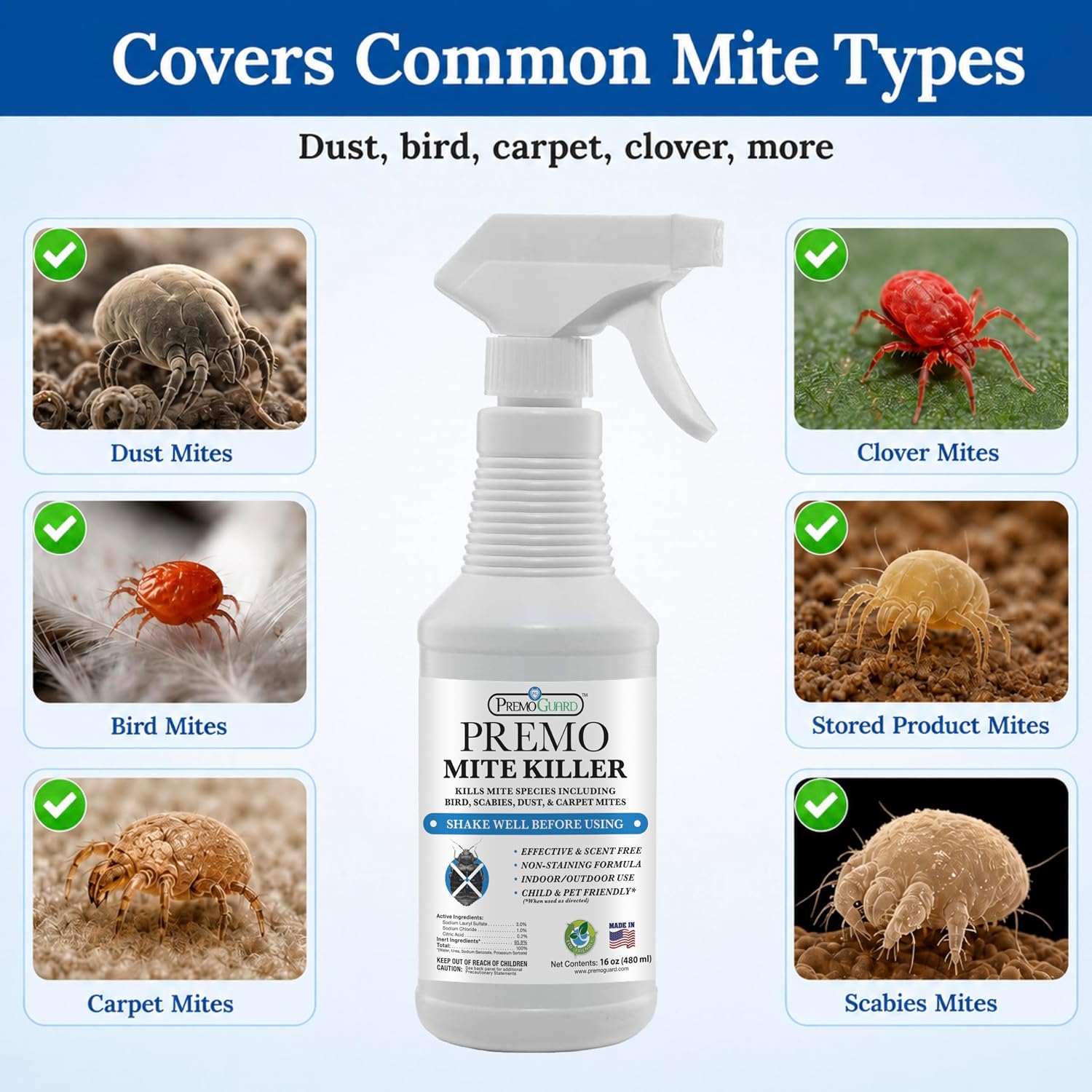 Premo Guard Natural Mite Spray, Kills Dust, Bird, Carpet Mites - 16 oz