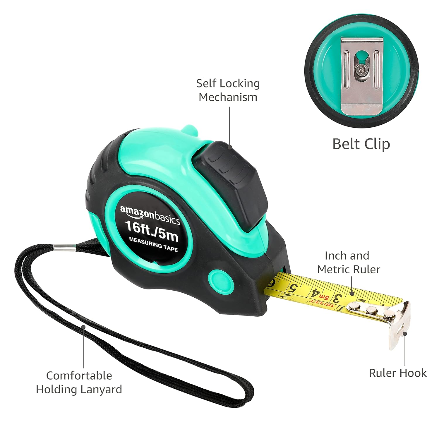 Amazon Basics Retractable Tape Measure with Metric and SAE Measurements, 16 ft / 192 in, Turquoise