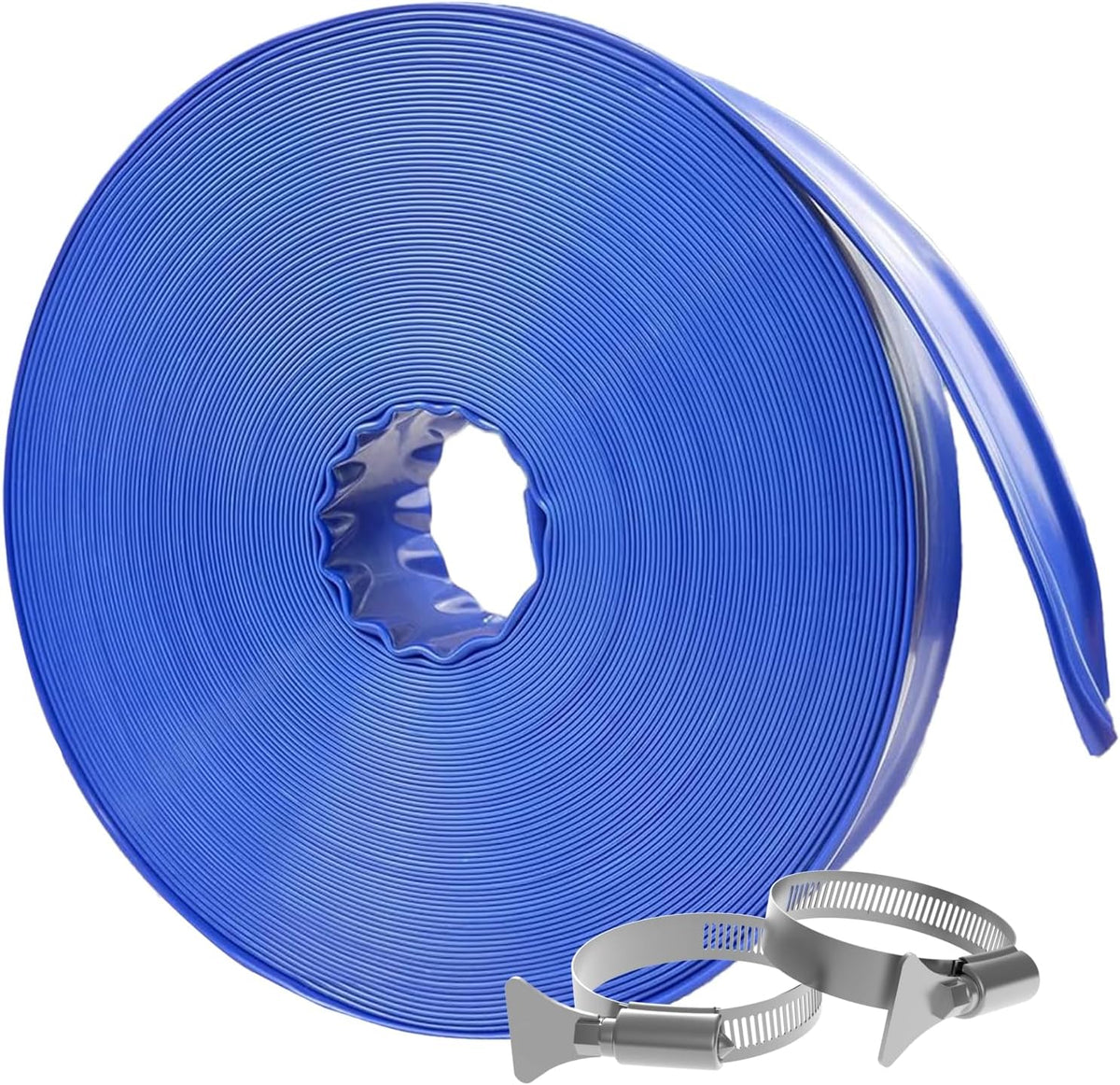 Poolvio Backwash Hose 2" x 100 ft, Blue Lay-Flat PVC Drain Hose with 2 Stainless Steel Thumb Screw Clamps, Tear-Resistant & Leak-Free for Swimming Pool Filter Cleaning, Flooded Area, Pond Draining