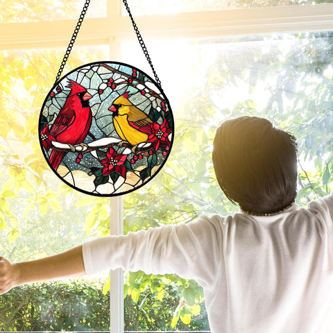 Cardinals Poinsettia Stained Glass Window Hanging Suncatcher Gifts 7.8"