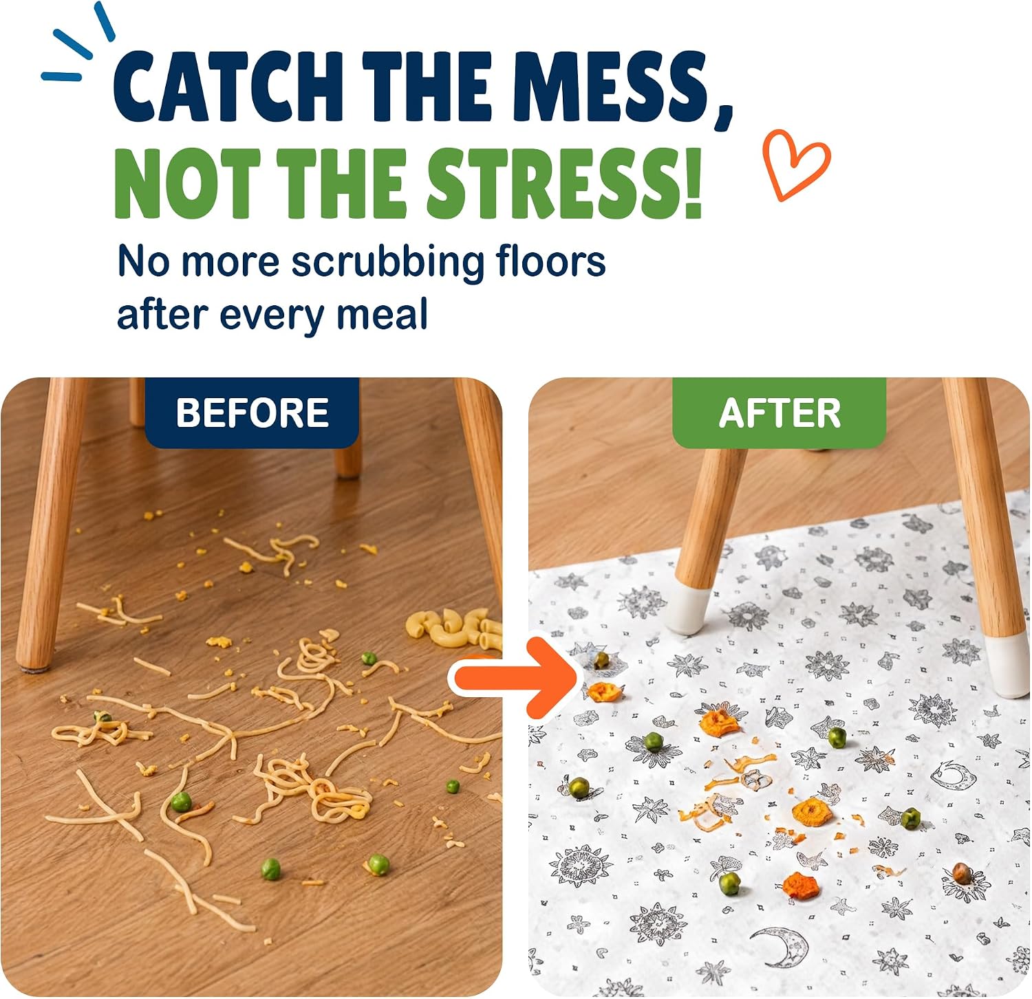 60 Pack Disposable Splat Mats by Eli with Love - Extra Large 49"x49" 100% Waterproof Baby Splat Mat for Under High Chair - Plastic Mat Liner for Floor - Protect from Spills (Moon & Stars, 60 Pack)
