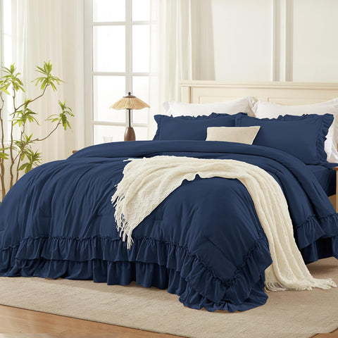 Andency Navy Blue Twin Size Ruffle Comforter Set, 2 Pieces