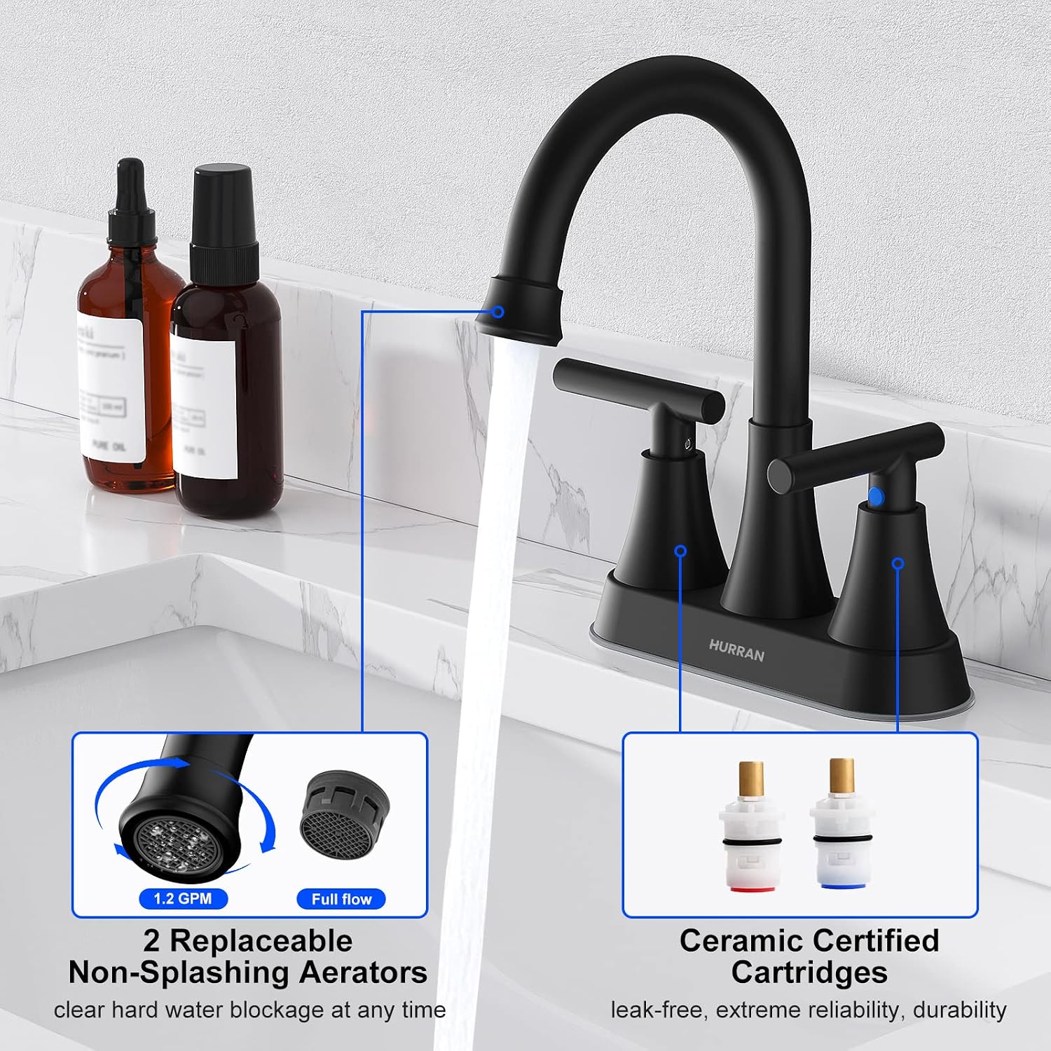 Matte Black Bathroom Faucet, Hurran 4 inch Centerset 2-Handle Lead-Free